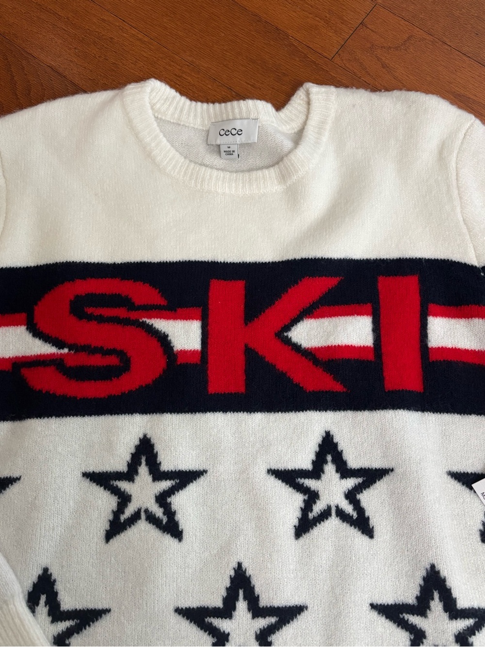 CeCe White Crewneck Sweater with Black Stars & Red Ski Stripe - Picture 4 of 8